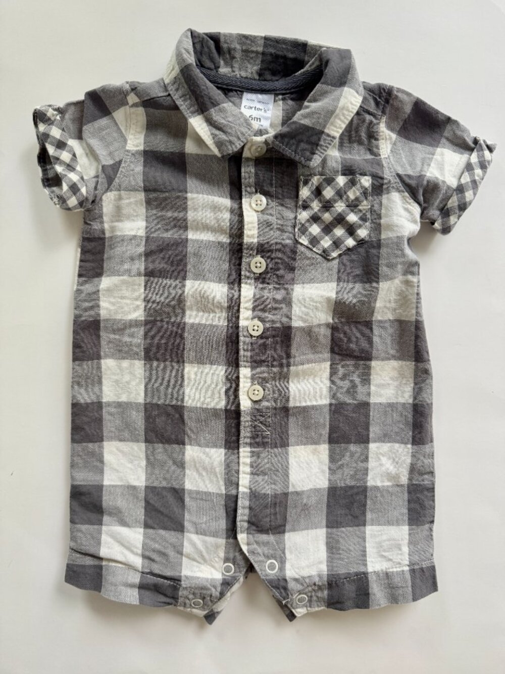 Carter's Baby Boy Buffalo Check Romper 6M Gray EUC